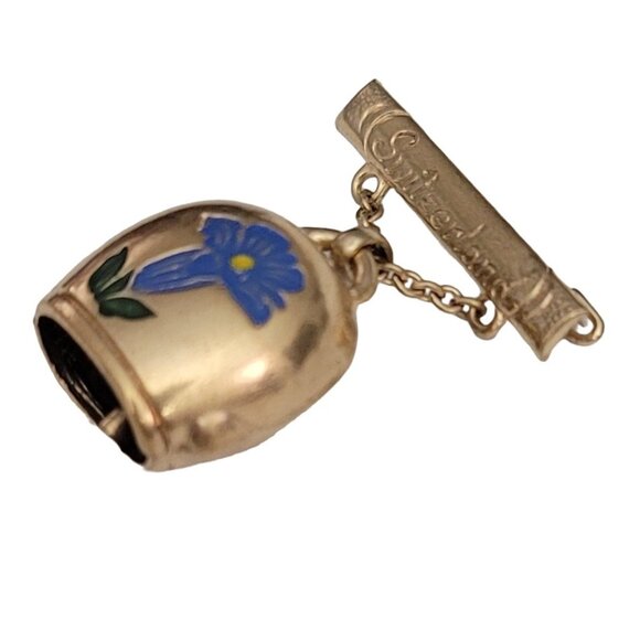 Switzerland Bar Pin With Bell Dangle, Blue Enamel Flower Pin Brooch - Picture 5 of 11